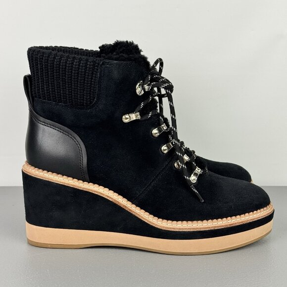 Kate Spade Willow Wedge Bootie Platform Suede Leather Shearling Black Women 9.5B - Picture 1 of 15